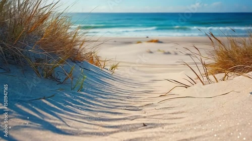 Smooth low-angle glide over sandy coastal path with sunlit grains and dry grass
