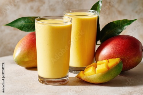 Creamy mango smoothie made with yogurt and fresh mango, tropical summer beverage served in a transparent glass, cold and refreshing fruit drink, isolated on white surface