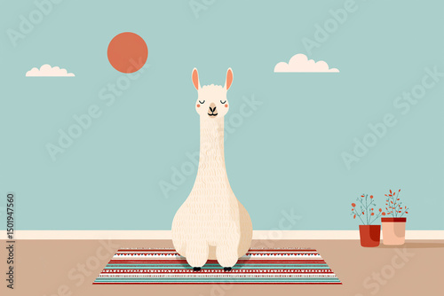 Cartoon llama meditating peacefully on a patterned rug with potted plants, sun and clouds in the background