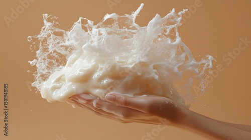 Creamy white foam erupts from a hand held in front of a tan background