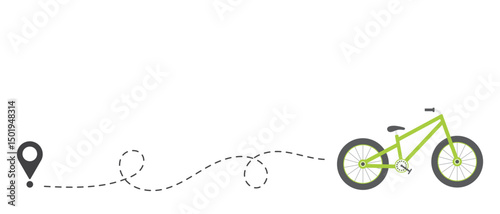 Vector bicycle with start location pin. Vector illustration isolated on white. Location sign with a path on a yellow bicycle 