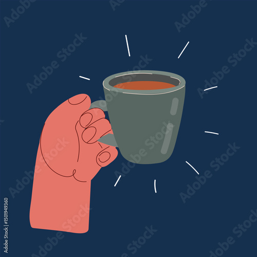 Cartoon vector illustration of a hand holding a mug of coffee, symbolizing warmth, energy, and daily routine against dark background