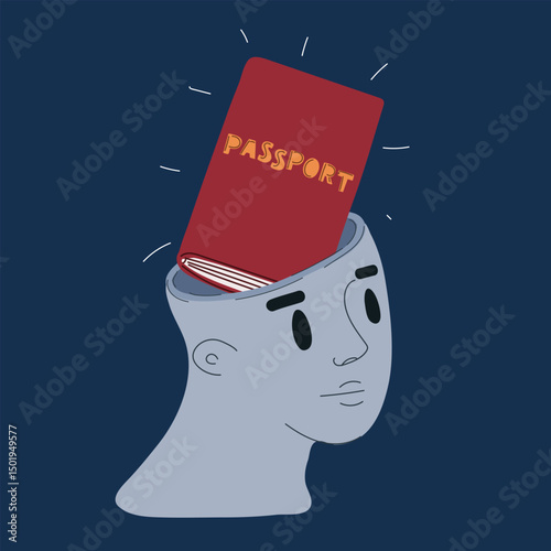 Cartoon vector illustration of a human head containing a passport, symbolizing identity, travel, and personal documentation against dark background