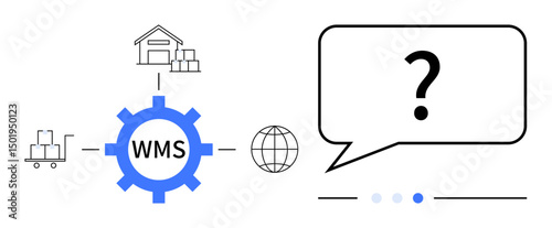 Gear labeled WMS linked to warehouse, globe, and delivery icons with speech bubble for insight. Ideal for logistics, inventory, technology, communication, supply chain, data flow simple landing page