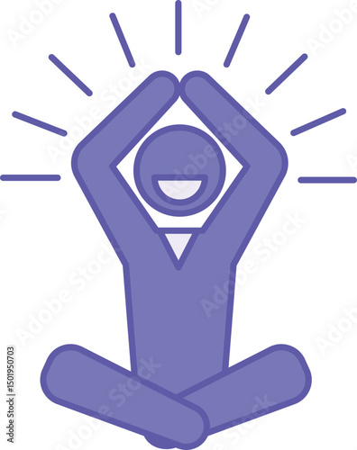 Colored Mindfulness Icon. Vector Illustration. Focusing On Experiencing The Present Moment. Man Sitting In Lotus Position With Hands Raised And Smiling. Mental Health Concept