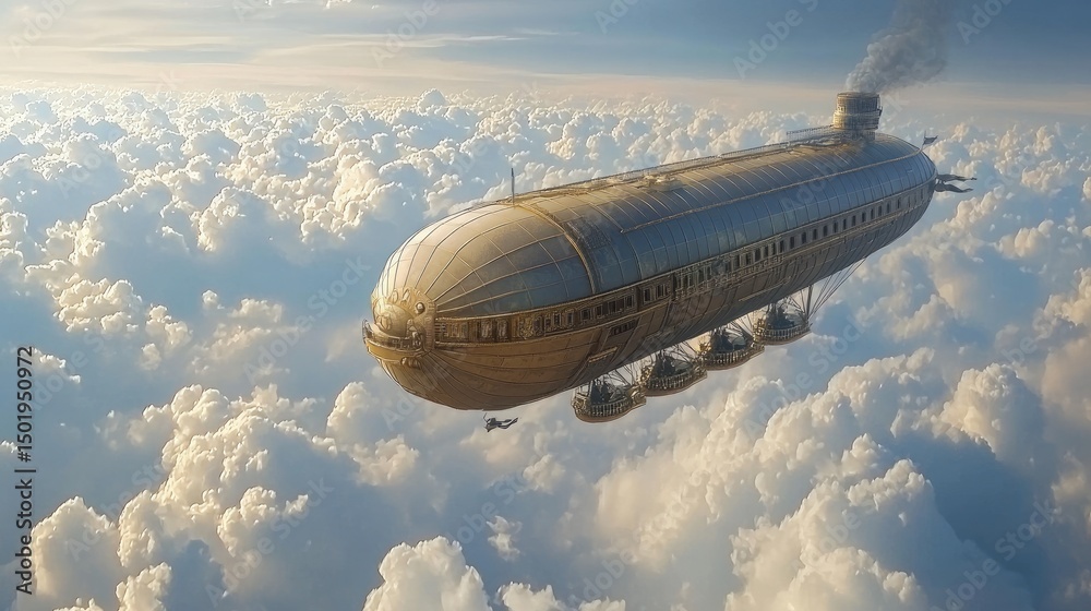 Naklejka premium Golden airship gliding through fluffy clouds.