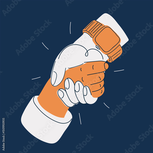 Cartoon vector illustration of one hand pulling another, help and support concept against dark background