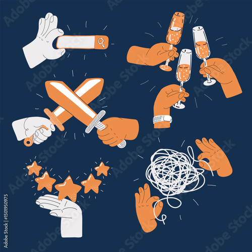 Cartoon vector illustration of diverse hands performing various actions: holding a search bar, clinking champagne glasses, holding five stars, unraveling yarn, and battling with swords, concept collec