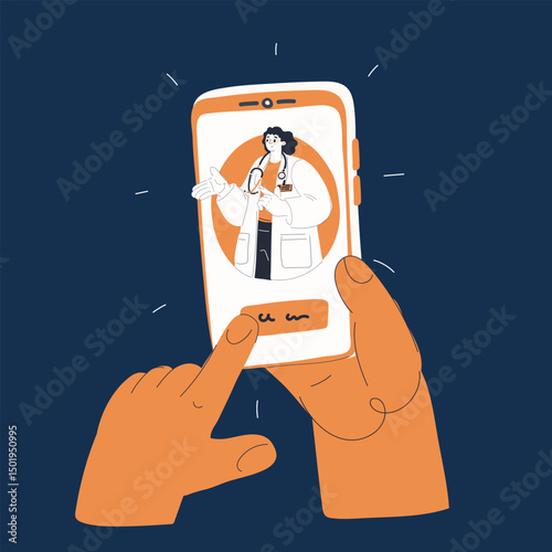 Cartoon vector illustration of a woman’s hand holding a phone with a doctor on the screen, telemedicine and healthcare concept against dark background
