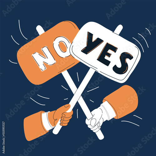 Vector illustration of two hands clashing with Yes and No signs, representing conflict and decision-making against dark background