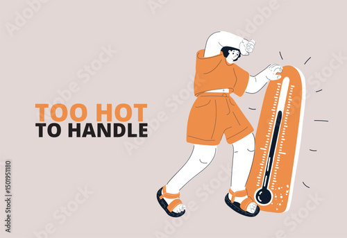 Vector cartoon illustration of a woman in shorts sweating and holding a thermometer, representing heat and fever symptoms