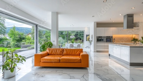 Modern Luxury Home Interior Design: Orange Leather Sofa, Marble Floor, Open Kitchen, and Stunning Garden View