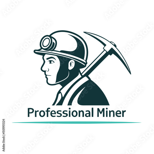 Professional miner logo featuring a helmet and pickaxe in a clean vector illustration style