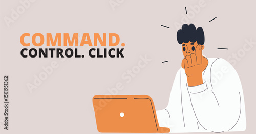Cartoon vector illustration of a person concentrating on a laptop, exploring the digital world with curiosity and focus