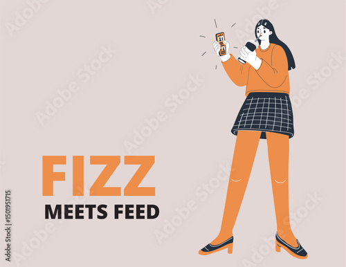 Cartoon vector illustration of a girl casually scrolling her phone and sipping soda, representing a relaxed lifestyle