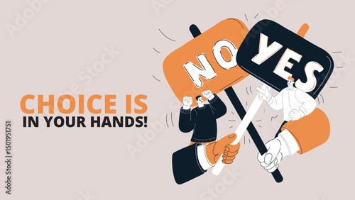 Cartoon vector illustration of two groups holding YES and NO banners, representing conflict and opposing viewpoints