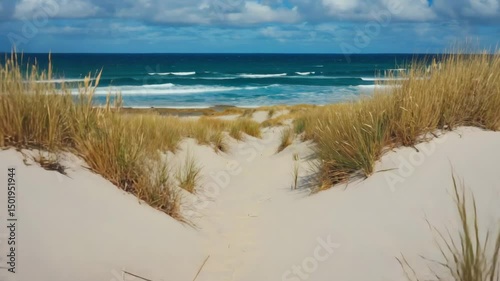Cinematic ground-level shot along beach trail with sand, twigs, and sea breeze