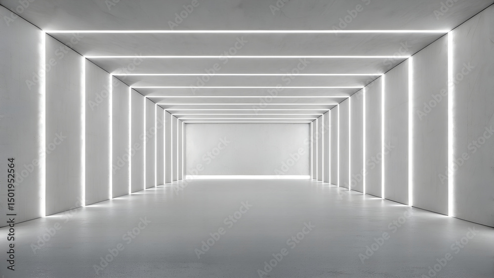 Obraz premium Minimalist White Corridor with Linear LED Lighting and Symmetrical Geometry