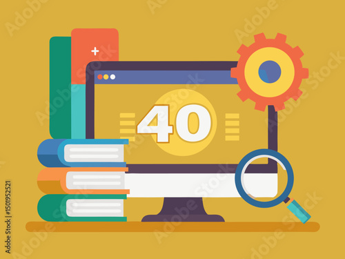 Modern computer screen showing 404 page not found with books and bold typography