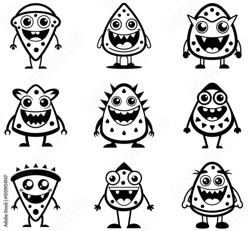 Black and White Cartoon Monster Pizza Slice Characters with Funny Faces photo