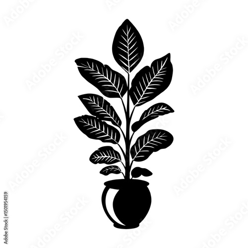 Silhouette of a potted ZZ plant with broad leaves in a decorative pot, simple graphic style on a white background, concept of home decor and nature
