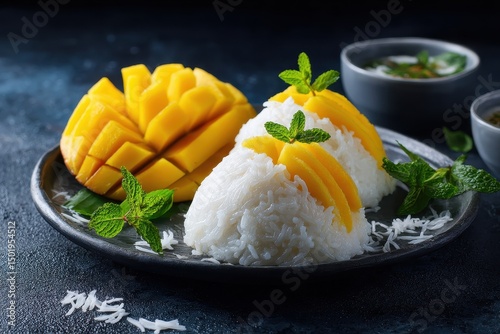 Sticky rice dessert with tropical mango and coconut milk, a traditional sweet dish from southeast asian cuisine
