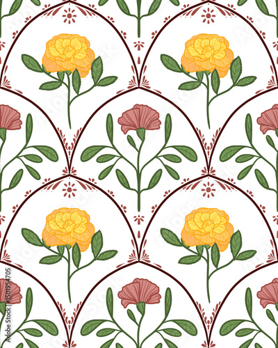 Seamless floral pattern on white background, scallop patter, flower fabric pattern