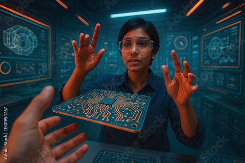 Young South Asian woman interacting with floating microchip in immersive virtual engineering lab