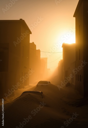 Street buried in sand during severe sandstorm at sunset with abandoned vehicles and intense golden light