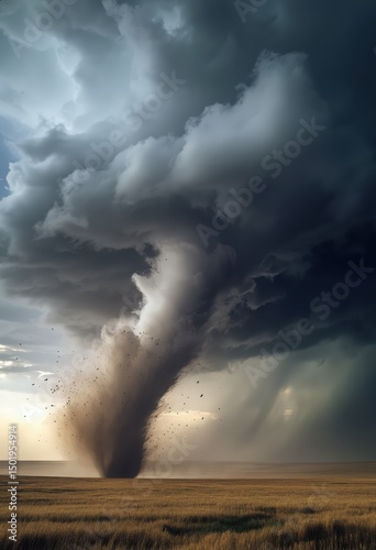Massive tornado tearing through open field under dramatic storm clouds during extreme weather event