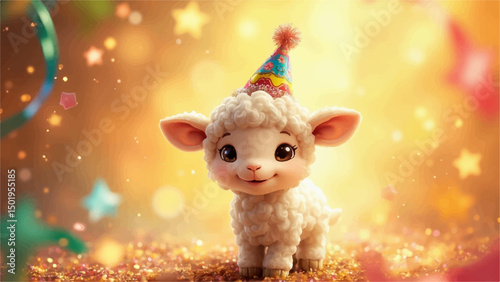 Cute Cartoon Lamb Wearing Party Hat – Adorable Baby Sheep with Festive Background.
Cute Eid al-Adha Goat Cartoon Vector Illustration with Lanterns and Crescent Moon – Islamic Festival Theme