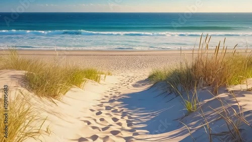Realistic close-up motion over sunlit sandy footpath near the ocean