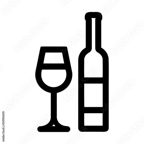 Wine bottle and glass in simple black outline design  