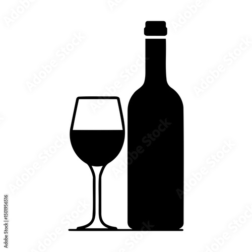 Wine bottle and glass silhouette in black on white background  