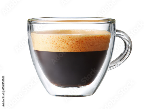 A glass espresso cup displays layers of rich crem on png