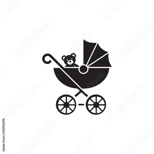 Simple Black and White Baby Carriage Icon with Teddy Bear.A classic black and white silhouette of a baby carriage with a teddy bear inside.