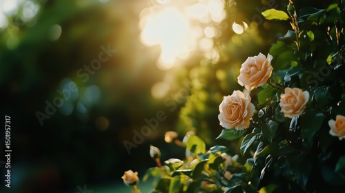 Beautiful Garden With Blooming Roses Illuminated by Sunset in Serene Environment