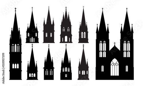 Set of 10 black gothic church silhouettes in minimal style, featuring steeples and cathedral facades with pointed arches, spires, and towers, isolated on white background, graphic vector architecture 