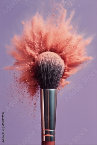 Brush Swirling Pink Powder Against a Lavender Background in an Artistic Displ...
