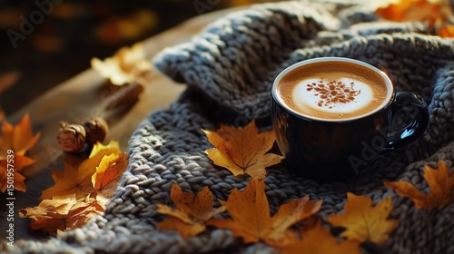 Cozy Autumn Scene With Coffee Cup, Warm Blanket, and Fallen Leaves