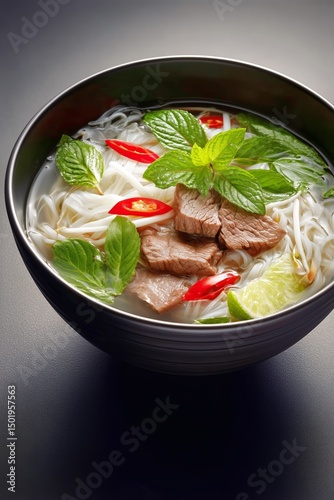 Delicious Bowl of Noodle Soup With Beef Herbs and Chili Peppers in a Modern S...