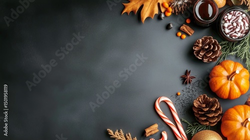 Festive Autumn and Winter Decorations With Pumpkins and Ornaments in a Cozy S...