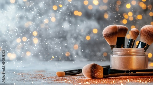 Makeup Brushes and Cosmetics Arranged Elegantly With Sparkling Lights in Soft...