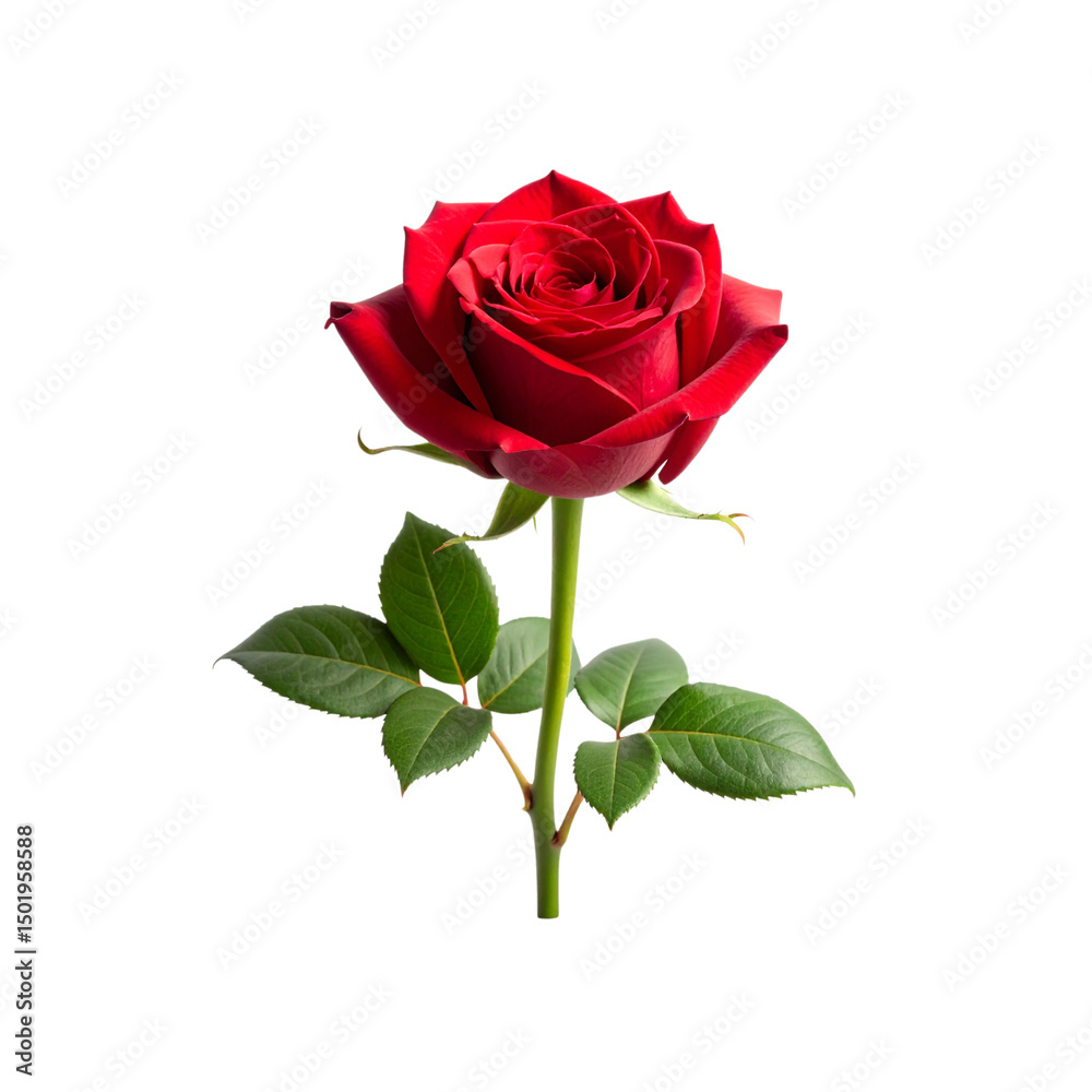 Fototapeta premium Single Deep Red Rose Bloom with Stem – Isolated on Clean Background”