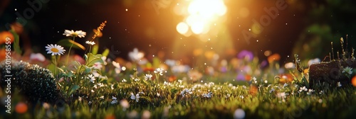 Vibrant Wildflower Meadow Illuminated by Sunlight During the Early Morning Hours