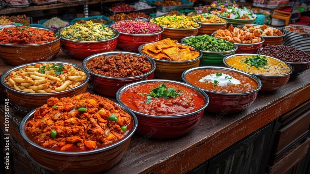 Fototapeta premium Vibrant display of assorted dishes in bowls at a market.