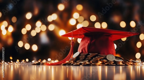 Graduation Cap Surrounded by Coins Symbolizing Achievement and Financial Succ...
