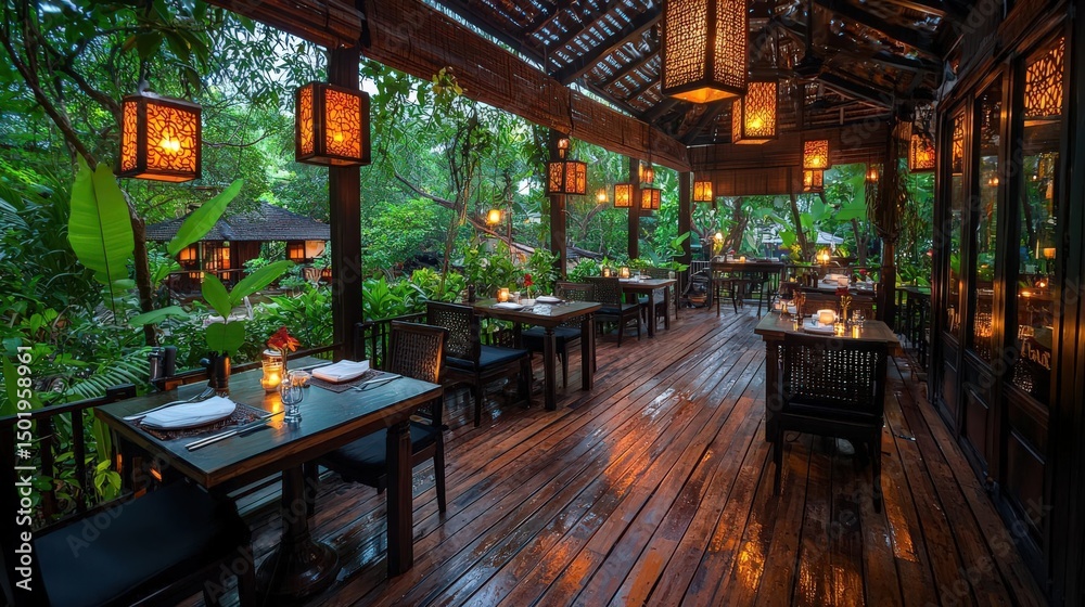 Fototapeta premium Cozy restaurant interior surrounded by lush greenery.