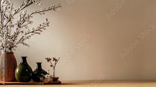 Elegant Floral Arrangement With Vases and Decorative Items on a Simple Wooden...