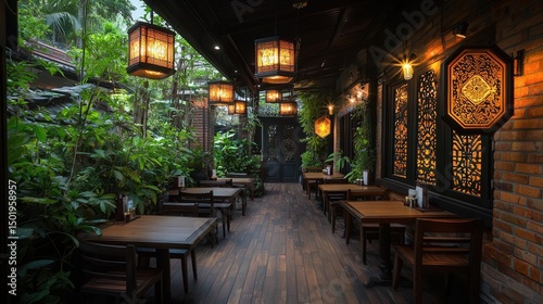 Cozy restaurant interior with wooden tables and lanterns surrounded by greenery.